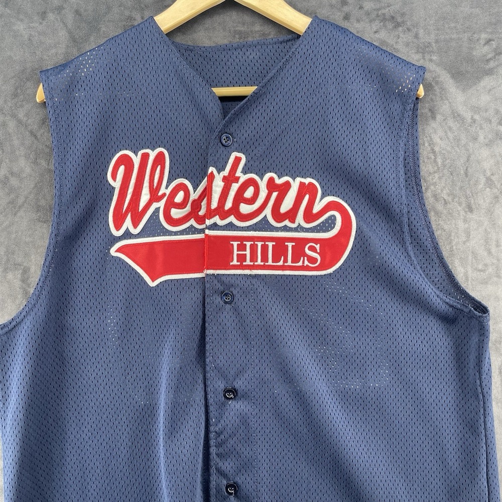 Alleson Western Hills Baseball Jersey Men L Blue Mesh #20 Button Front